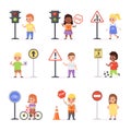 Kids road signs. Children learn road rules, boys and girls with traffic lights, educational scenes, safety pedestrian