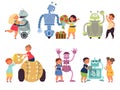 Kids robot programming. Toy robots coding, child with electronic characters. Cartoon friends, children interesting hobby