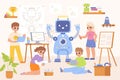 Kids robotic engineering, repair robot children team. Child programming and project robots on lesson. School digital