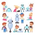 Kids with robots. Cartoon children invent mechanical toys. Happy boys and girls learn to assemble and program androids