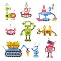 Kids robots. Funny colorful baby mechanic toys, electronic futuristic cyborgs characters, android mascots, cartoon style Royalty Free Stock Photo