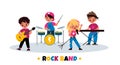 Kids rock band. Children music concert, young musicians quartet, playing instruments guitar and drums, vocals and