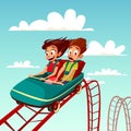 Kids on rides cartoon illustration of boy and girl riding on rollercoaster in amusement park