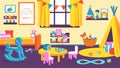 Kids room. Cartoon kindergarten interior with transport and animal toys and dolls for toddler. Bedroom for children. Bright