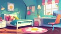 Kids room interior with bed, flower pillow, a daisy rug, school bag, computer on desk, pink armchair and flower pillow Royalty Free Stock Photo