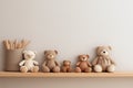 Kids room interior mockup, empty neutral wall for your text, wooden shelf and stuffed toys Royalty Free Stock Photo