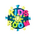 Kids room logo, bright colorful emblem for childish playground, childrens zone, game and fun area vector Illustration Royalty Free Stock Photo