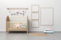 Kids room nursery mockup template with cradle, pillows, hanging toys and three square frames and one A4 blank frame