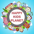 Kids round frame with happy city