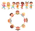 Kids roundelay top view. Boys and girls holding hands. Babies dancing in circle and chain. Children have fun. Active