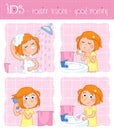 Kids - routine actions - tooth brushing, washing face, taking a shower, hair care - girl with ginger hair