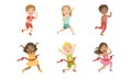 Kids Running Set, Adorable Boys and Girls Doing Sport, Taking Part at Running Competition, Marathon Vector Illustration