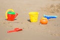 Kids sand toys lie on the beach seaside