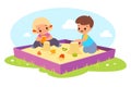 Kids in sandbox. Happy boy and girl play outdoor with sand and toys, children make cakes with plastic molds molds and