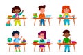 Kids at school desk. Pupils, multiethnic boys and girls at tables in classroom. Children studying, vector cartoon