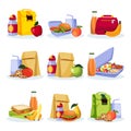 Kids school healthy lunch and snacks. Vector flat cartoon illustration. Lunchboxes with home made meal and drinks