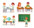 Kids on school lesson. Primary schools pupils on chemistry lessons, learn geography globe or sit at desk vector cartoon