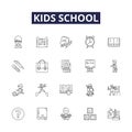 Kids school line vector icons and signs. Kids, School, Learning, Activities, Books, Teaching, Play, Homework outline