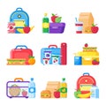 Kids school lunch box. Schoolkid meal bag for dinner. Red apple, milk snack dinners in children food boxes flat vector