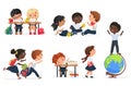 Kids in school set, cartoon education collection with happy friends children study, read books Royalty Free Stock Photo