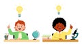 Kids school students having solution or idea, flat vector illustration isolated. Royalty Free Stock Photo