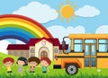 Kids and schoolbus in front of school Royalty Free Stock Photo