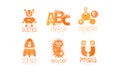 Kids Science Education Logo Templates Set, Chemistry, Physics, Biology, English Orange Labels Vector Illustration Royalty Free Stock Photo