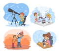 Kids science and exploration cartoon scenes set Royalty Free Stock Photo