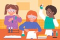 Kids scientists study at lesson in school classroom, boy girl make scientific experiment Royalty Free Stock Photo