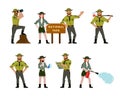 kids scout. adventure little characters hiking kids with adult teachers tourists vector illustration