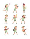 Kids in scout costumes. Young scouts boys and girls have adventure in summer camping. Cute children vector cartoon