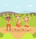 Kids Scouts Characters in Uniform Camping on Nature Landscape, Boy Playing Guitar Vector Illustration