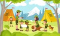 Kids scouts. Cute young tourists and trackers with adult mentors study area map. Children hiking or camping on nature Royalty Free Stock Photo