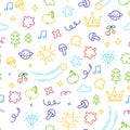 Kids scribble pattern. Seamless print of child hand drawn sketch elements, abstract minimal geometric doodle shapes