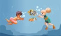 Kids scuba divers exploring sea depth and fishes. Underwater swiming vector illustration Royalty Free Stock Photo