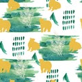 Kids seamless abstract pattern with hand drawn watercolor winter floral, golden bear silhouette animals. Royalty Free Stock Photo