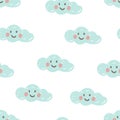 Kids seamless design hand drawn smiling clouds in a playful pattern on a white background
