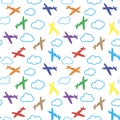 Kids seamless pattern with airplanes, stars and clouds colorful. White background. Baby pattern.