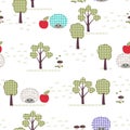 Kids seamless pattern, applique, hedgehogs, trees, apples, grass Royalty Free Stock Photo