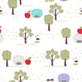 Kids seamless pattern, applique, hedgehogs, trees, apples, grass