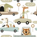 Kids Seamless Pattern with Cartoon Jungle Animals on Cars Ã¢â¬â Giraffe, Crocodile, Zebra, Tiger