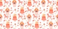 Kids seamless pattern. Children doll toys. Cute curly girls, rocking horse, puzzles, cubes and pyramid on white