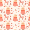 Kids seamless pattern. Children doll toys. Cute girl blonde with curly long hair, rocking horse, puzzles, cubes and