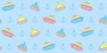 Kids seamless pattern with colorful toy sailboats and steamships on a blue background with anchors