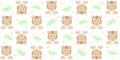 Kids seamless pattern with cute little tiger, green twigs and small stars on a white background