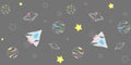 Kids seamless pattern with fantastic planets, spacecraft and stars on a gray background