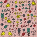 Kids seamless pattern with funny birds and seamless pattern in swatch menu, image. Colorful cute background