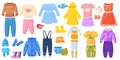 Kids seasonal outfit. Baby child autumn winter spring summer clothes, children colouring clothing male pants warm jumper Royalty Free Stock Photo