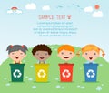 Kids Segregating Trash, recycling trash, Save the World , Vector Illustration. Royalty Free Stock Photo