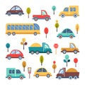 Kids set with cars, buses, trucks and trees. Transport collection on white background Royalty Free Stock Photo